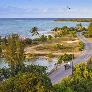 Cuba, Holguin Province, Horse and cart on coastal road at Playa Guardalvaca