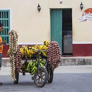 Cuba, Sancti Spiritus, Sancti Spiritus, Man selling garlic and bananas from a bike