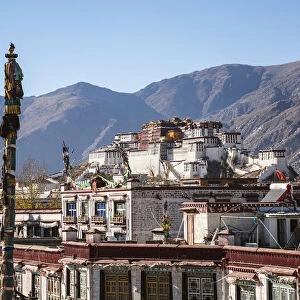 Elevated view of Barkhor square and Potala palace, Lhasa, Tibet