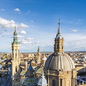 Elevated view of the Cathedral of Our Lady of the Pillar. Zaragoza, Aragon, Spain
