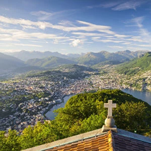 Elevated view over Lugano from Monte San Salvatore, Lake Lugano, Ticino, Switzerland