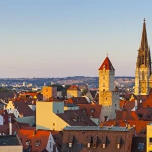 Elevated view towards St. Peters Cathedral illuminated at sunset, Regensburg, Upper Palatinate