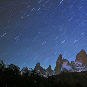 Fitz Roy at night with star trails from Poincenot campground, Los Glaciares National Park