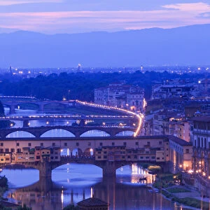 Florence, Tuscany, Italy. View over the Arno river, Ponte Vecchio, View over the city