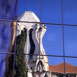 France, Cote D Azur, Nice; A distorted reflection of the Eglise Notre Dame
