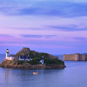 France, Finistere, Bay of Morlaix, Carantec, Louet island and lighthouse with chateau
