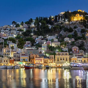 Gialos Harbour at Night, Symi Island, Dodecanese Islands, Greece