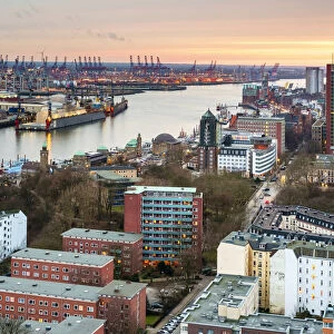 High Angle view of central Hamburg at sunset, Hamburg, Germany, Europe