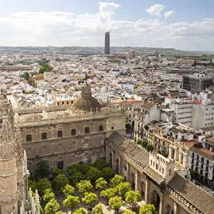 A high view of Seville Cathedrals Patio de los Naranjos, from Giralda Tower