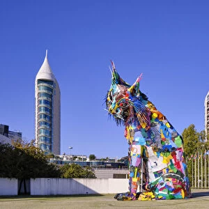 The Iberian lynx on display in the Parque das Nacoes garden, made from trash