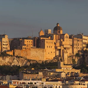 Italy, Sardinia, Cagliari, Il Castello Old Town and city walls from Basilica Nostra