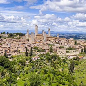 Italy, Tuscany, Val d Elsa. Panoramic aerial view of the medieval village of San Gimignano