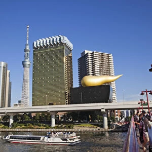 Japan, Tokyo, Asakusa, Sumida River and Business Area Skyline