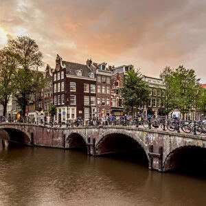 Keizersgracht and Leliegrach Canals and Bridges at sunset, Amsterdam, North Holland