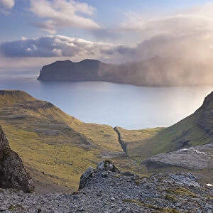 Looking towards the island of Vagar from the mountains of Streymoy in the Faroe Islands