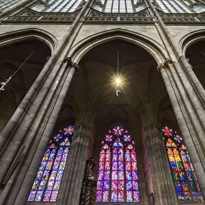 Low angle view of stained glass windows at St. Vitus Cathedral, Prague, Bohemia