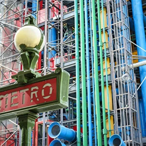 Metro Sign in front of Centre Georges Pompidou modern art museum, Paris, Ile-de-France, France