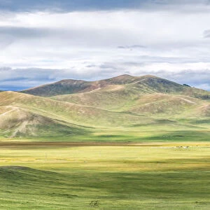 Mongolian nomadic gers in the steppe. North Hangay province, Mongolia