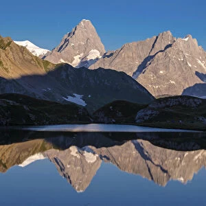 Mont Blanc in the mirror, Lac de Fenetre, (Grand Jorasses in the middle), Switzerland, Europe