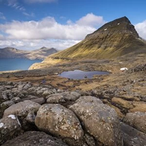 Mountain views from the slopes of Sornfelli in the Faroe Islands, Denmark. Spring