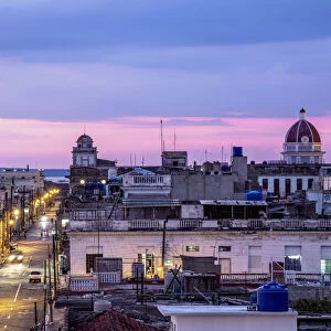 Old town at dusk, elevated view, Cienfuegos, Cienfuegos Province, Cuba