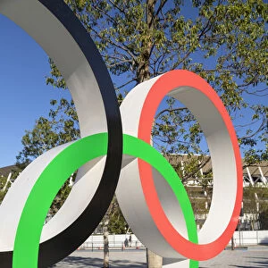 Olympic rings outside Tokyo New National Stadium (Olympic Stadium), Kasumigaoka, Tokyo