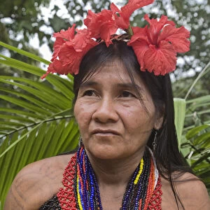 Panama, Chagres River, Embera Village, Embara woman in traditional dress