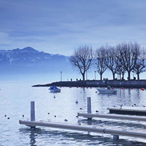 Piers on shore of Lake Leman, Ouchy, Lausanne, Vaud, Switzerland