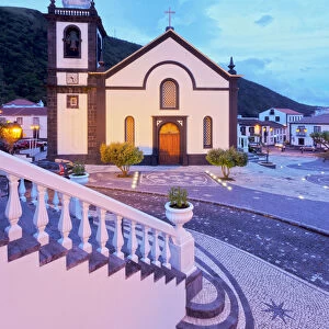 Portugal, Azores, Sao Jorge, Velas, Main Church of Santa Catarina at dusk