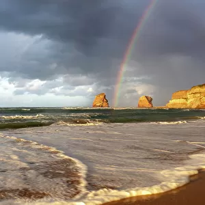 A rainbow above Les deux Jumeaux, Hendaye beach, Hendaye, Pyrenees-Atlantiques, Nouvelle Aquitaine, France