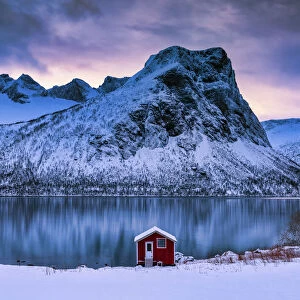 Red Boat House along Bergsbotn Fjord, Senja, Norway