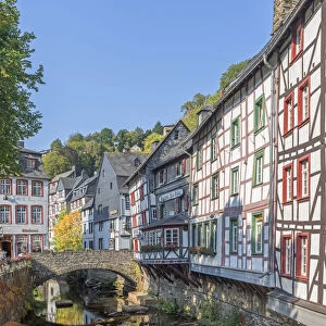 River Rur with half-timbered houses at Monschau, Eifel, North Rhine Westphalia, Germany