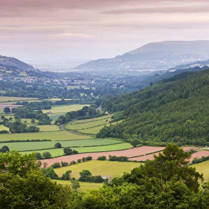 Rolling countryside in the Usk Valley looking towards Crickhowell, Brecon Beacons