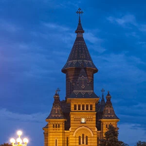 Romania, Banat Region, Timisoara, Metropolitan Cathedral, exterior, dusk