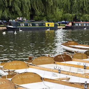Rowing boats named after Shakespearean characters on the River Avon at Stratford-upon-Avon, Warwickshire, England
