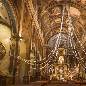 Santa Maria dels Angels church in Pollenca with Christmas decorations, Mallorca, Spain