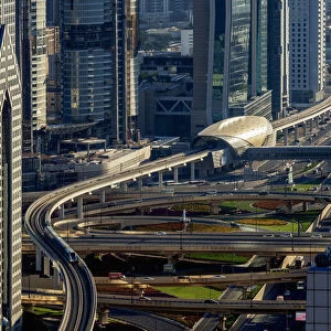 Sheikh Zayed Road and Metro Line, Dubai International Financial Centre, elevated view