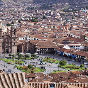 South America, Peru, Cusco. A view of Cusco from Sacsayhuaman showing the Plaza de Armas