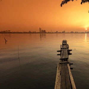 South East Asia, Vietnam, Hanoi, West Lake, jetty at sunset