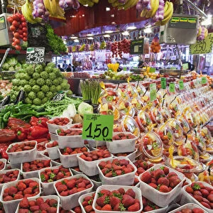 Spain, Barcelona, The Ramblas, La Boqueria Market, Fruit Stall Display