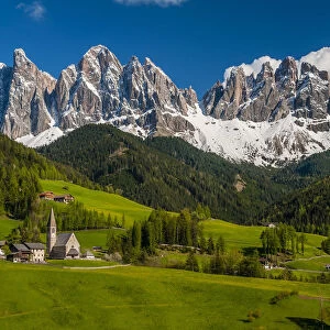 St. Magdalena village with the Odle Dolomites mountain group behind, Val di Funes