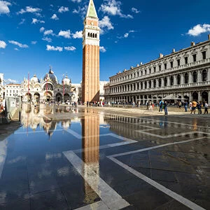St. Marks Campanile Reflecting in Flooded St. Marks Square, Venice, Italy