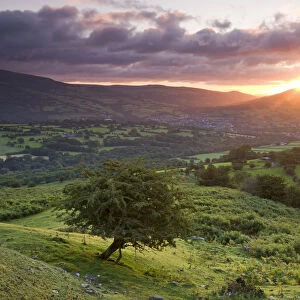 Sunrise over the Sugarloaf and town of Crickhowell, Brecon Beacons National Park, Powys