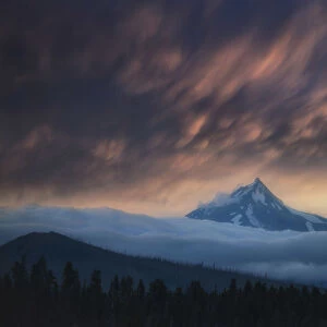 Sunset and clouds over Mount Jefferson, Central Oregon, USA