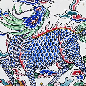 Taiwan, Taipei, Painted Chinese unicorn at on wall of Confucius Temple