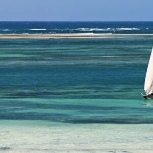 A traditional outrigger canoe sails close to the shore at Diani Beach