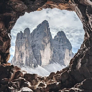 Tre Cime di Lavaredo (Drei Zinnen) views from a hole in the rock of the First World War