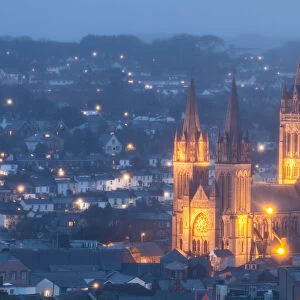 Truro Cathedral in the mist at night, Truro, Cornwall, England