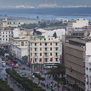 Tunisia, Tunis, Avenue Habib Bourguiba, elevated view towards Place du 7 Novembre