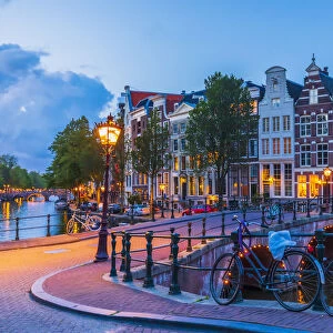 Typical buildings in Amsterdam at dusk, Holland / Netherlands